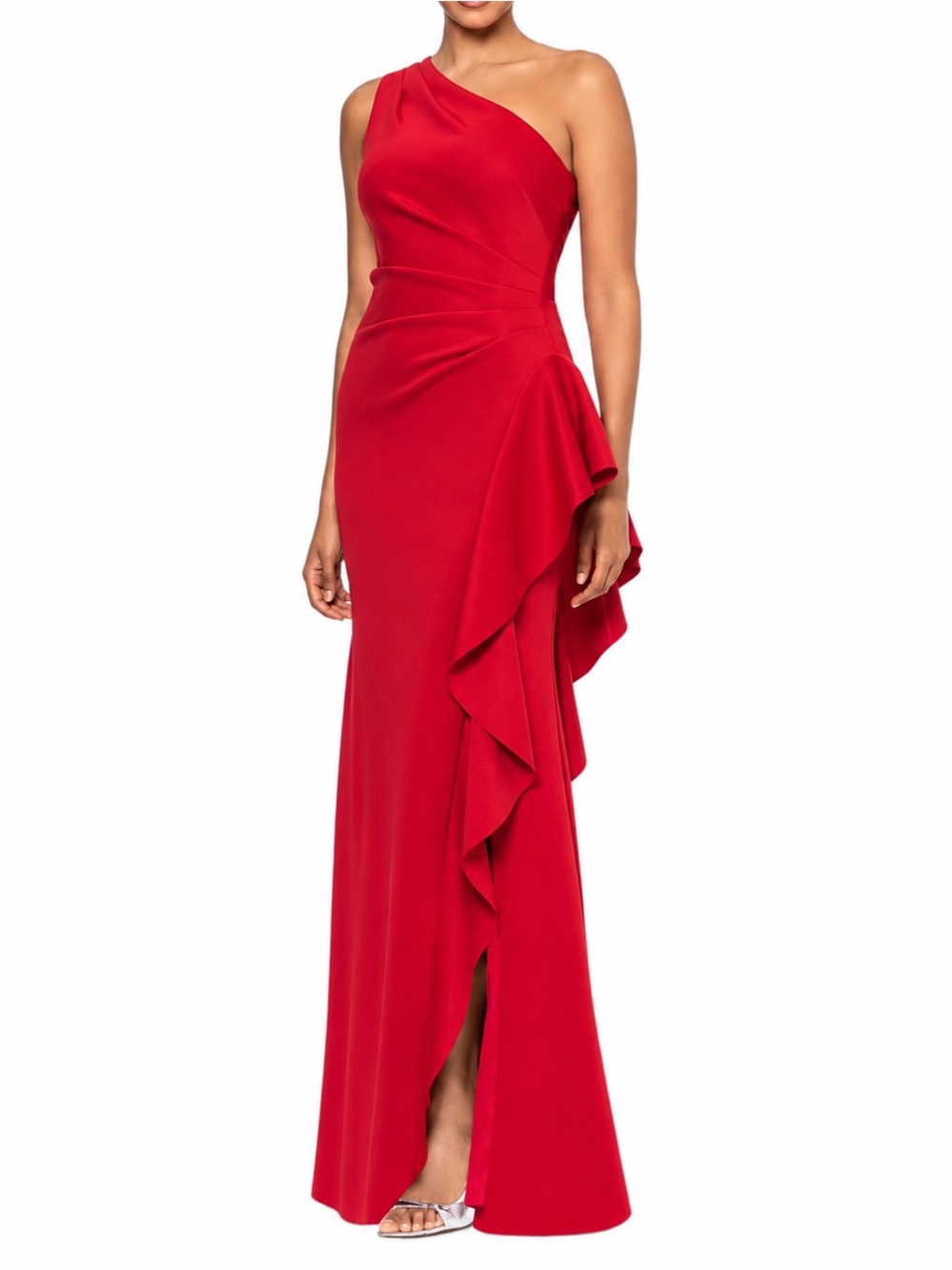Red one shoulder evening gown